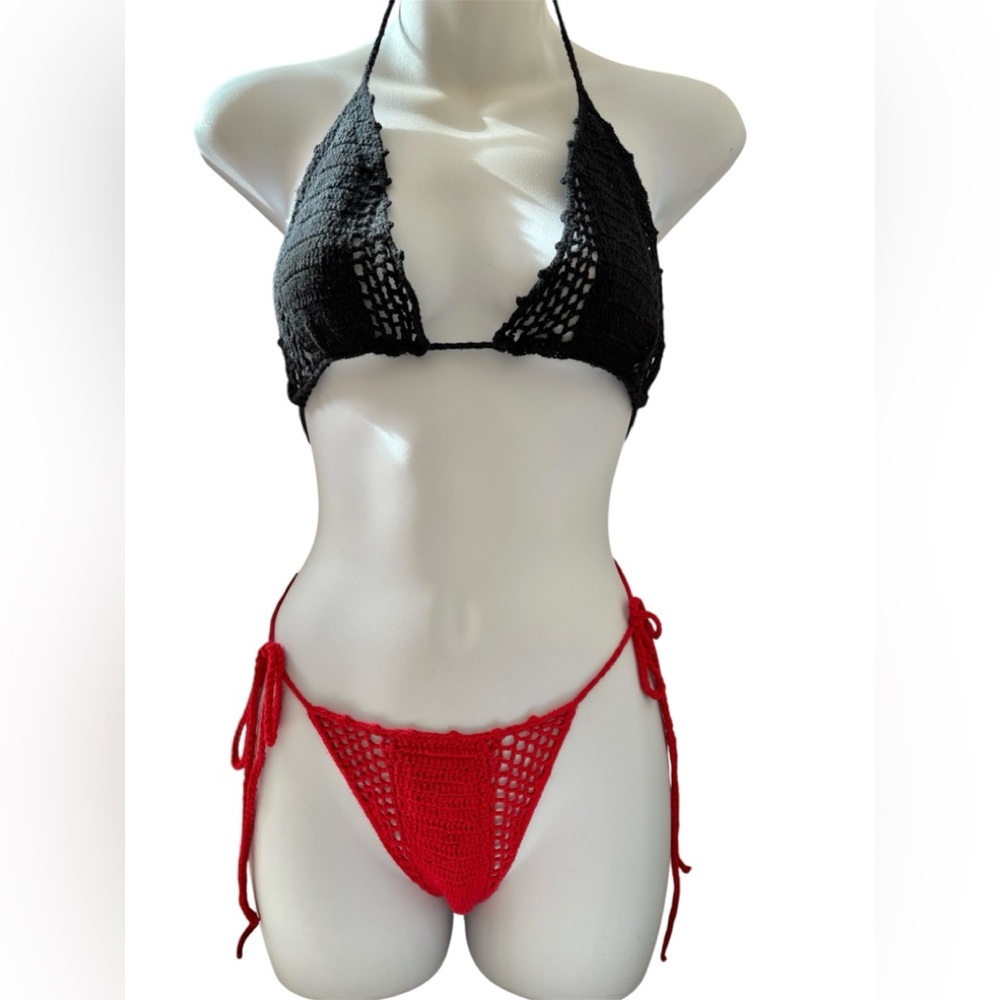 Beauty and the beach  Red and Black Crochet Bikini Set  size large